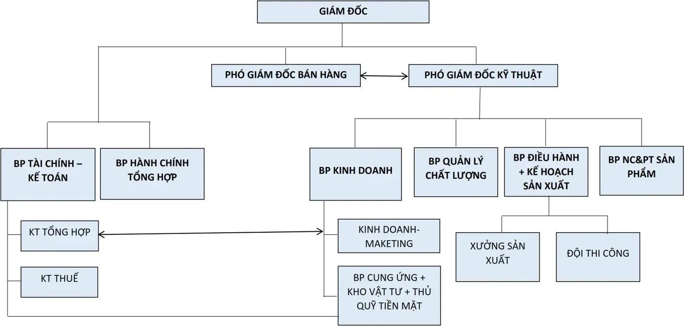 Sơ đồ tổ chức: Giám đốc, Phó giám đốc bán hàng và Phó giám đốc kỹ thuật, dưới là các bộ phận tài chính kế toán, hành chính tổng hợp, kinh doanh, quản lý chất lượng, điều hành và kế hoạch sản xuất, nghiên cứu và phát triển sản phẩm